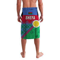 Shefa lavalava wrap skirt with blue waistband, red middle, green bottom and 'SHEFA' print