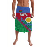 Shefa lavalava wrap skirt, blue/red/green geometric print with 'SHEFA' text