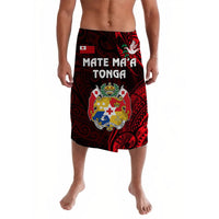 Red lavalava wrap skirt with Tonga coat of arms, 'MATE MA'A TONGA' front print