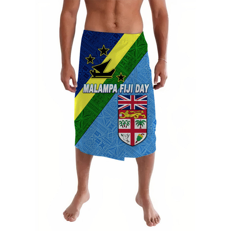 Blue lavalava pareo skirt with diagonal green/yellow stripes, Malampa Fiji Day print