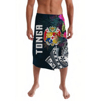 Tonga lavalava skirt with bold crest and tropical leaf print, black base, elastic waistband