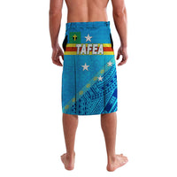 Blue lavalava with 'TAFEA' text, stars, and woven tribal graphics