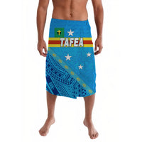 Blue Tafea lavalava skirt with cross, stars, and tribal pattern print