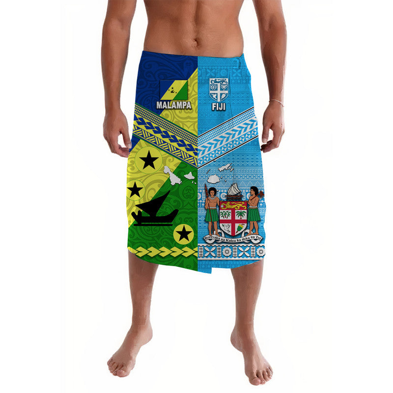 Blue lavalava wrap skirt with Malampa and Fiji graphic panels, front view
