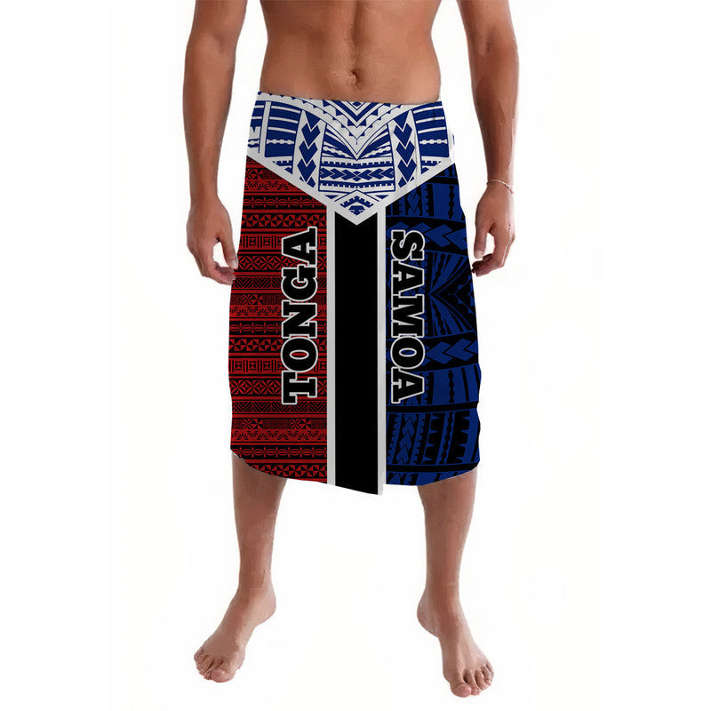 Colorful Samoa/Tonga coat-of-arms print swim shorts with split red, blue panels