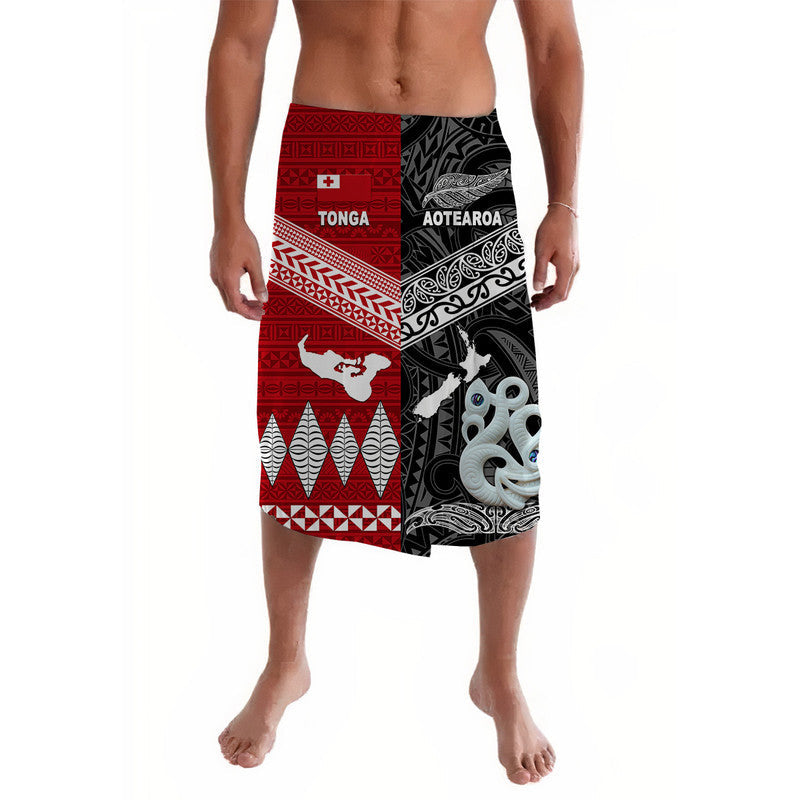 Black lavalava with red Polynesian-style patterns and words Tonga/Aotearoa