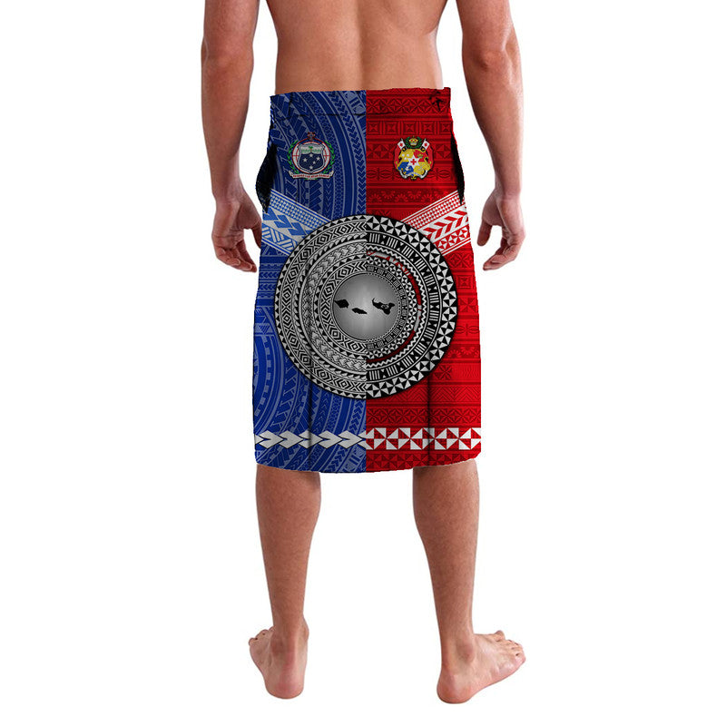 Lavalava wrap skirt, red/blue back with circular emblem and Polynesian patterns