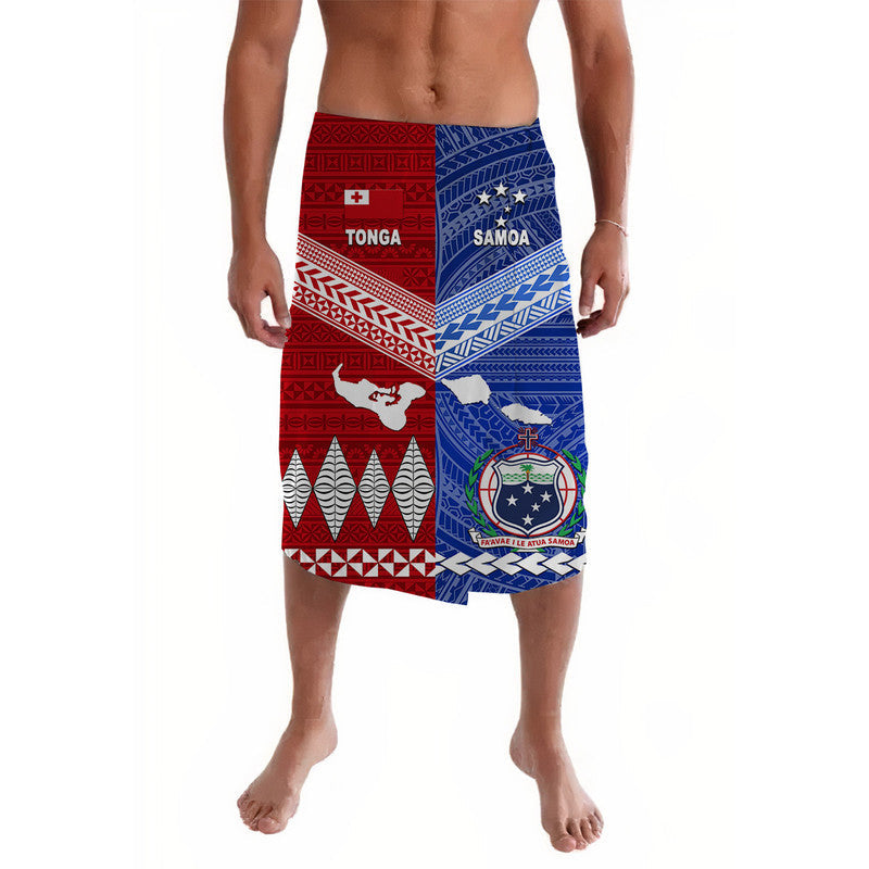 Lavalava wrap skirt with red and blue Tonga & Samoa geometric prints, front view