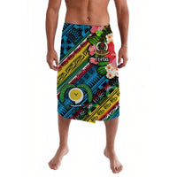 Blue torba lavalava with colorful Polynesian print, flowers, and 'Torba' logo