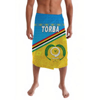 Blue yellow lavalava wrap skirt with TORBA logo and diagonal stripe graphic
