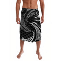 Lavalava sarong with black base and white tribal wave pattern, Tonga text center