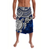 Blue tropical lavalava boardshorts with turtle, hibiscus and tribal stripes pattern
