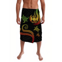 Black lavalava sarong with colorful turtle and tribal pattern (green, red, yellow)