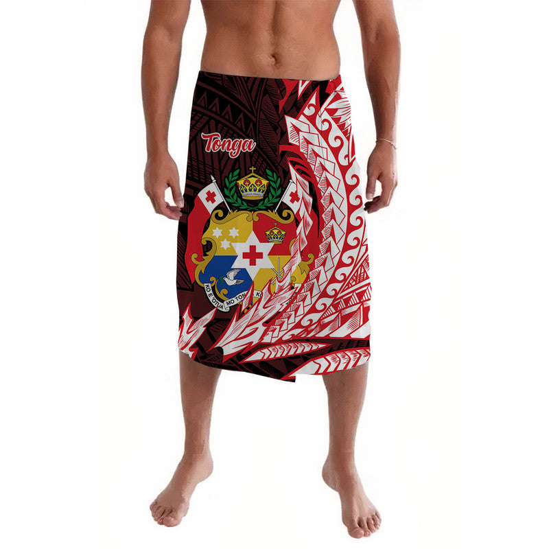 Colorful Tongan lava lava wrap, shield and cross print; red white black front view
