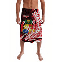 Colorful Tongan lava lava wrap, shield and cross print; red white black front view
