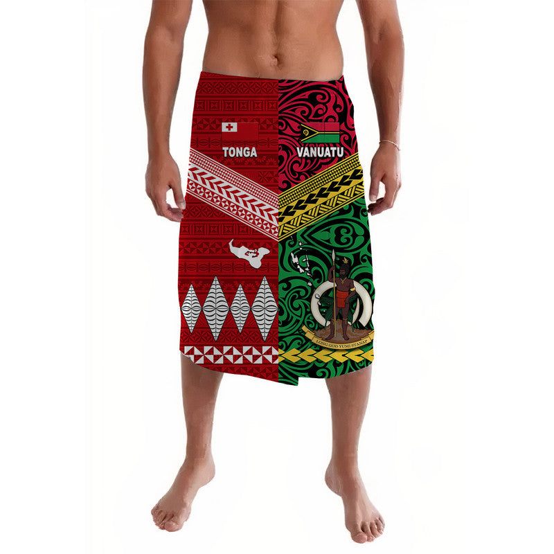 Red lavalava with Tonga and Vanuatu tribal print, wrap-style skirt