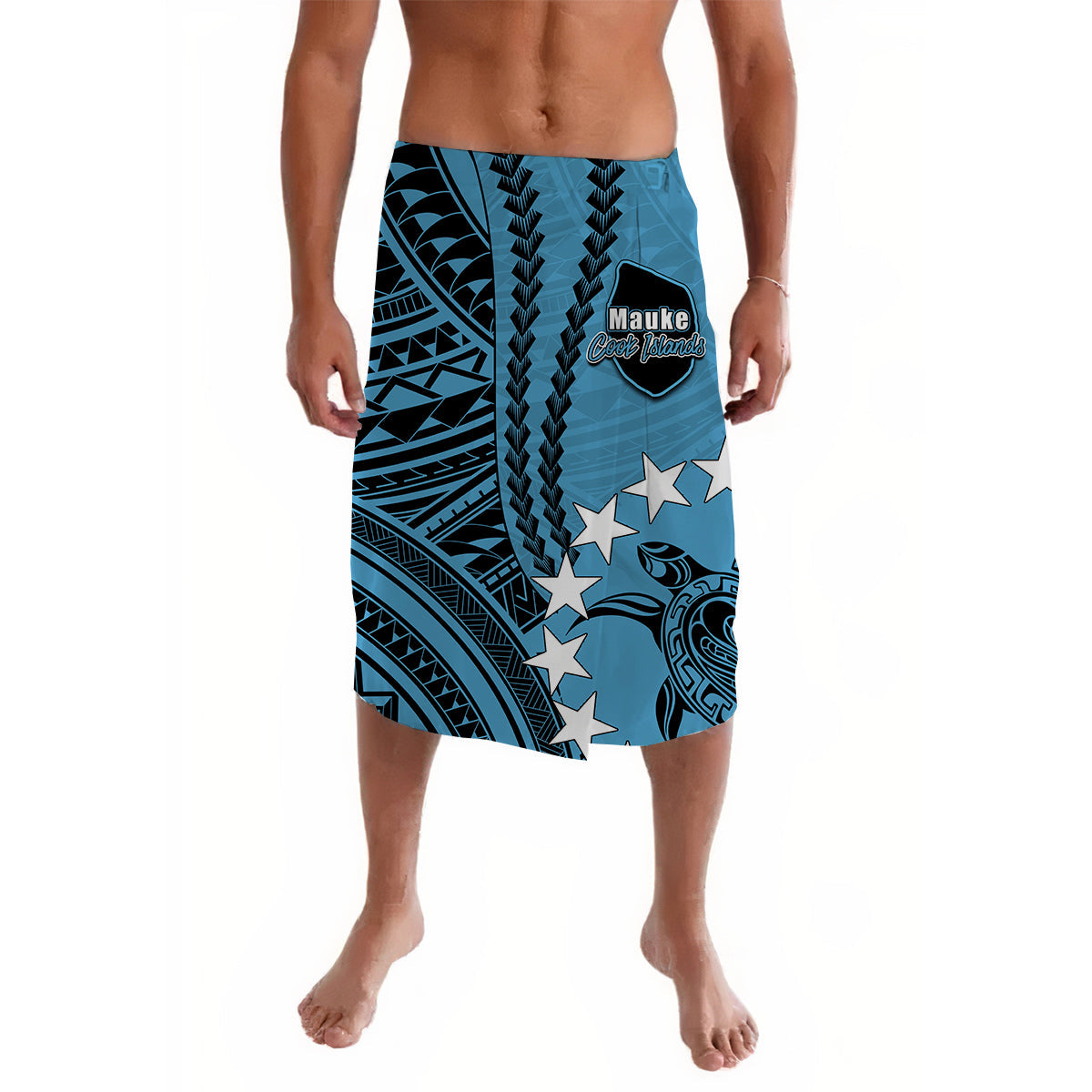 Blue Polynesian lavalava with black tribal geometric print and badge at front