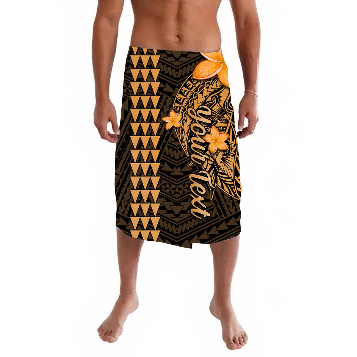 Tropical floral and geometric sarong skirt with black, gold, and orange pattern