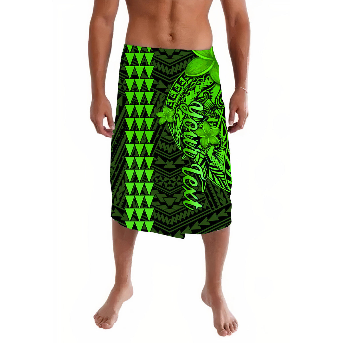 Green and black Polynesian pattern sarong skirt with tiki and leaf flowers