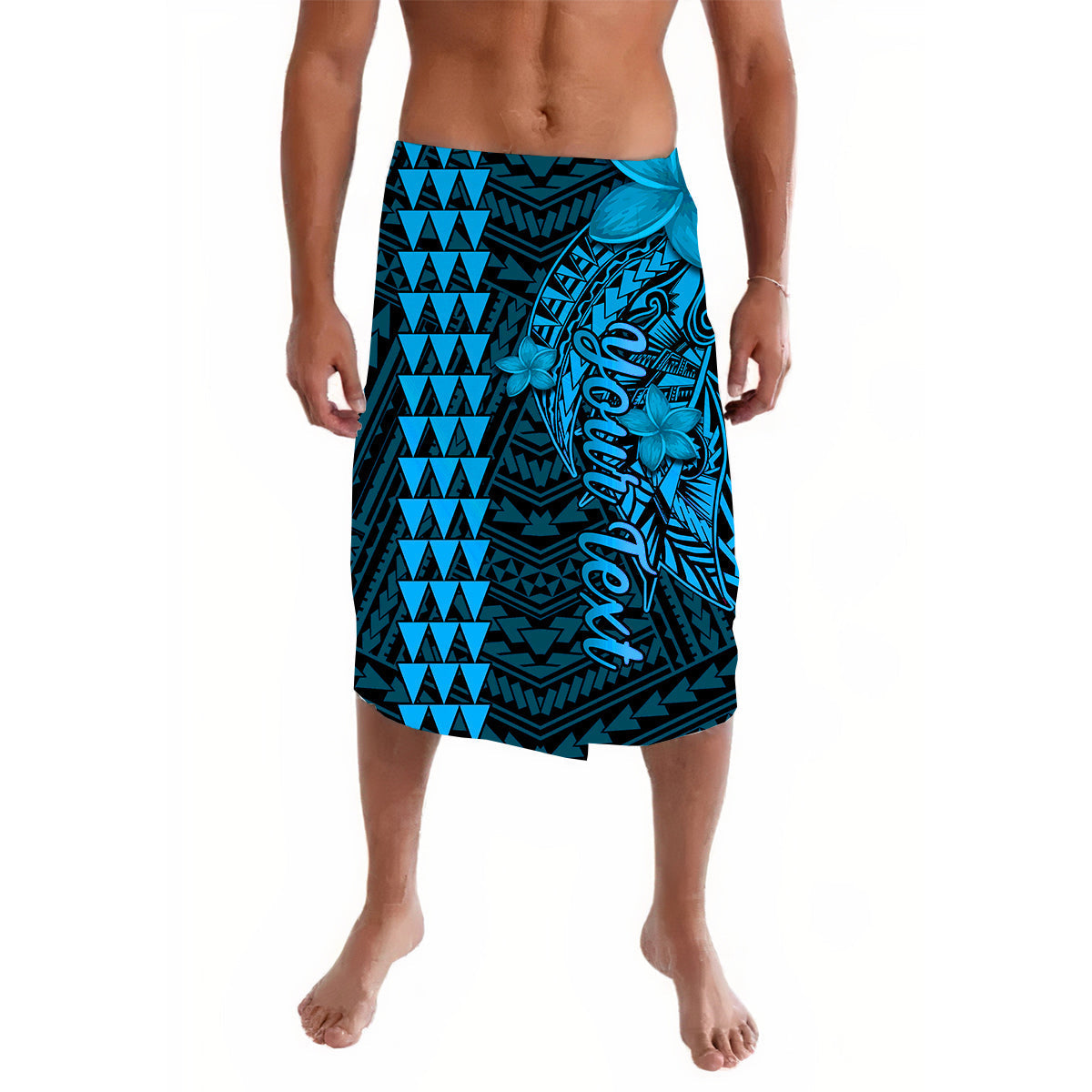 Blue Polynesian pattern sarong wrap skirt with floral tiki-style motif