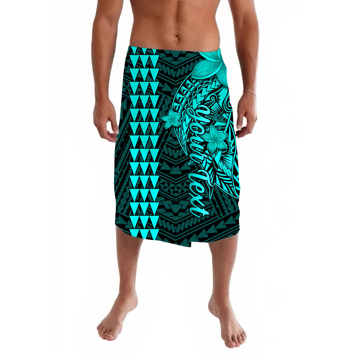 Turquoise and dark green Polynesian sarong with tribal and flower graphic pattern