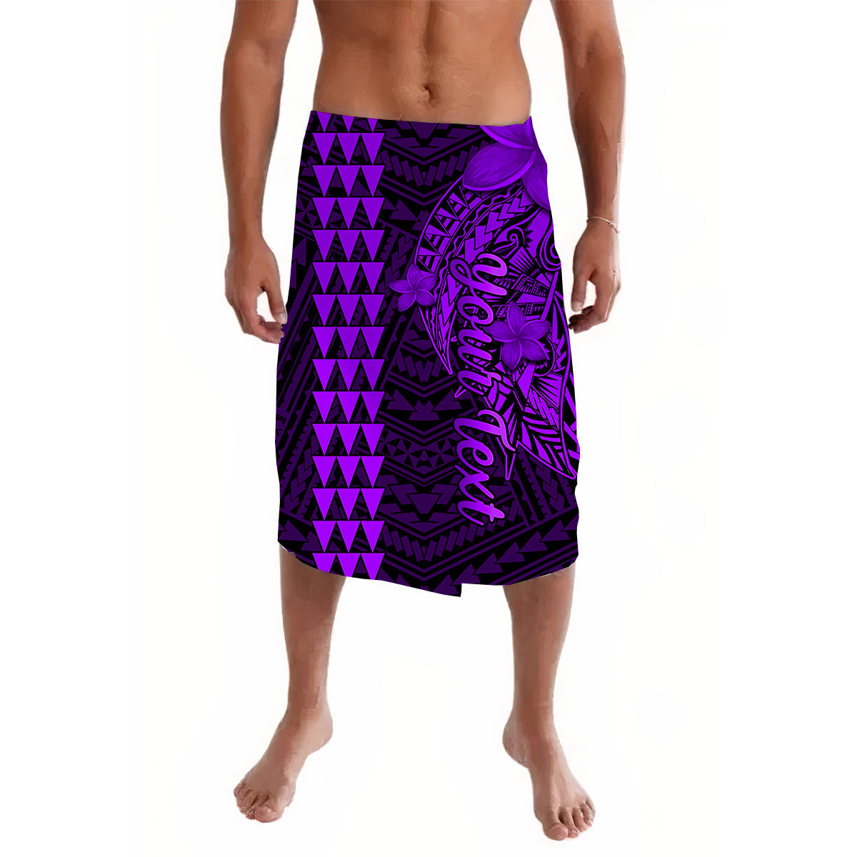 Purple Polynesian patterned lavalava wrap skirt with geometric and floral prints