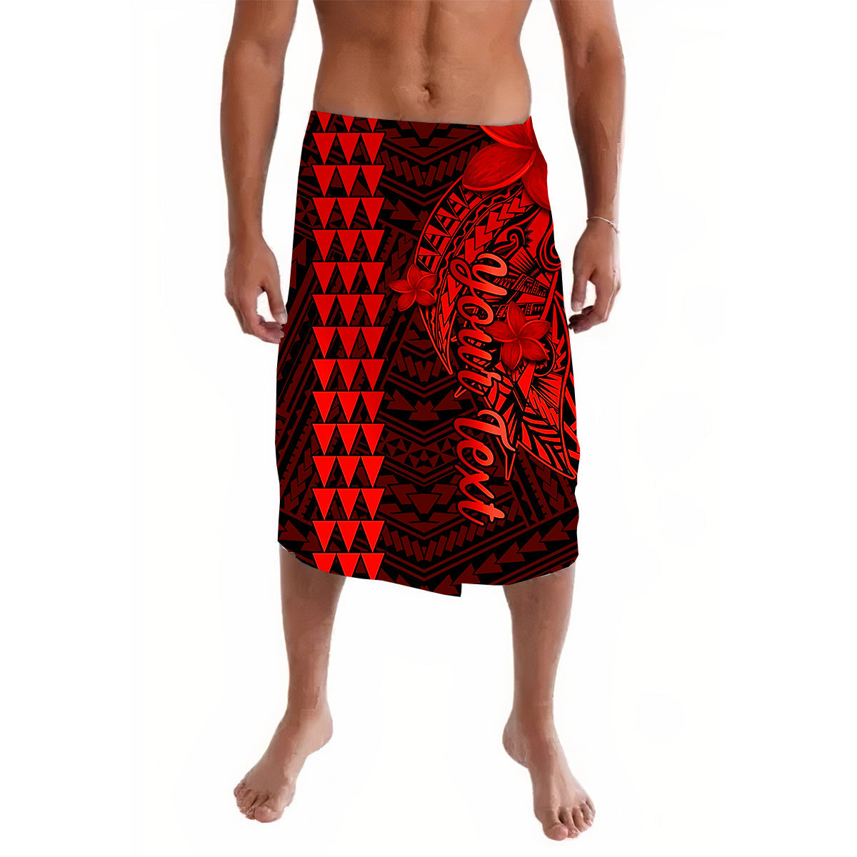Red and black polynesian patterned sarong skirt with tropical flower print