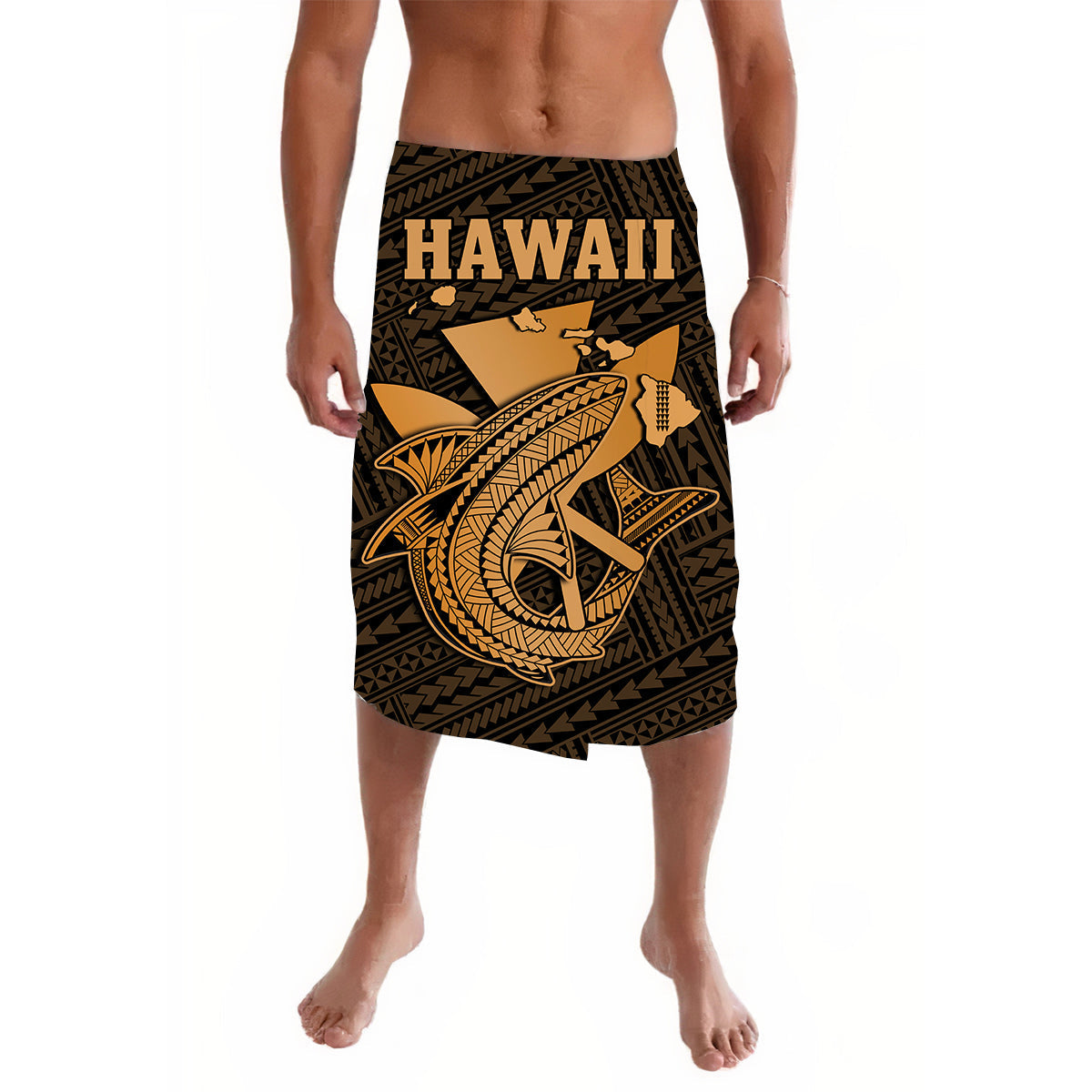 Black and gold Polynesian shark lavalava skirt with HAWAII text, knee length