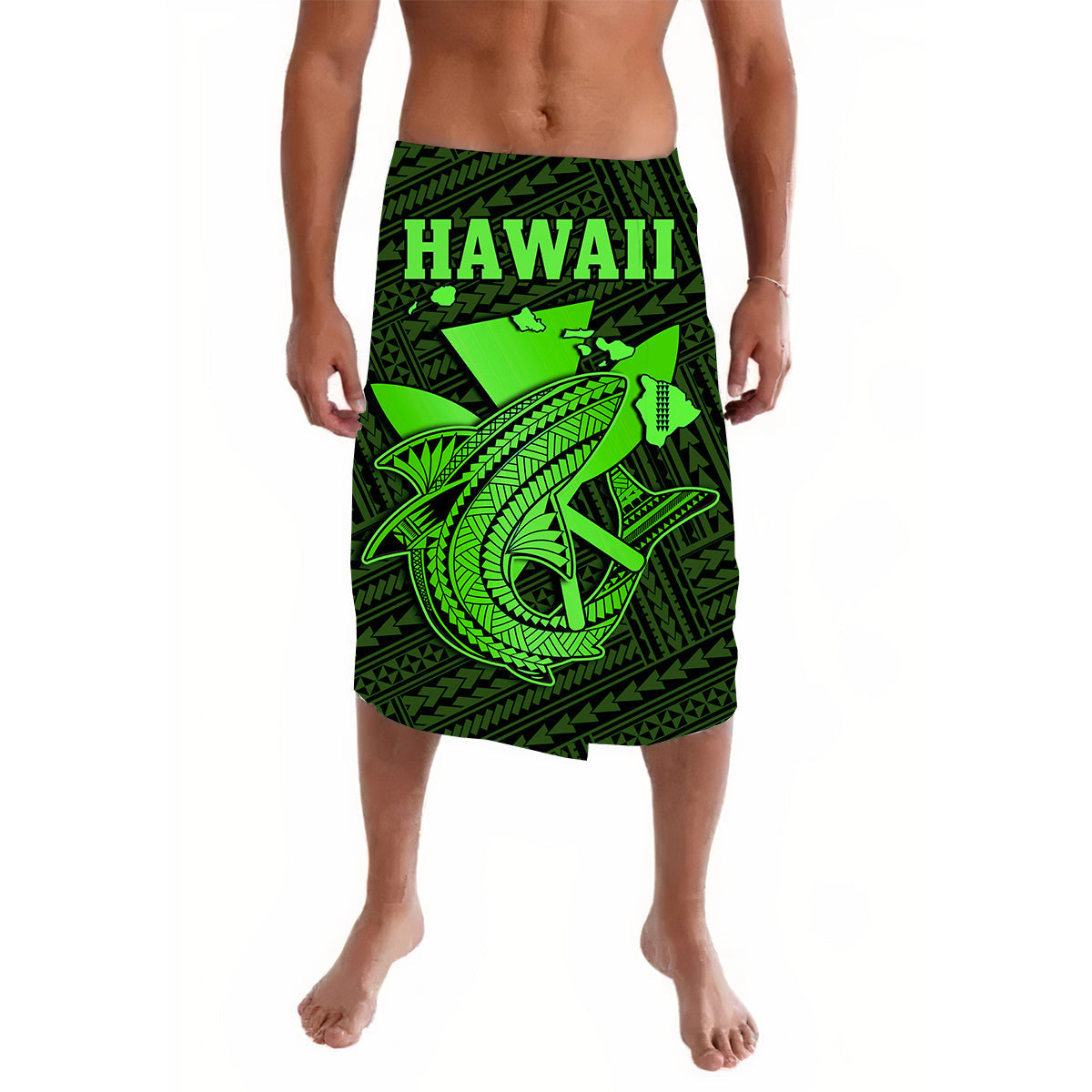 Green sarong skirt with Hawaiian pattern, shark graphic, and 'HAWAII' text