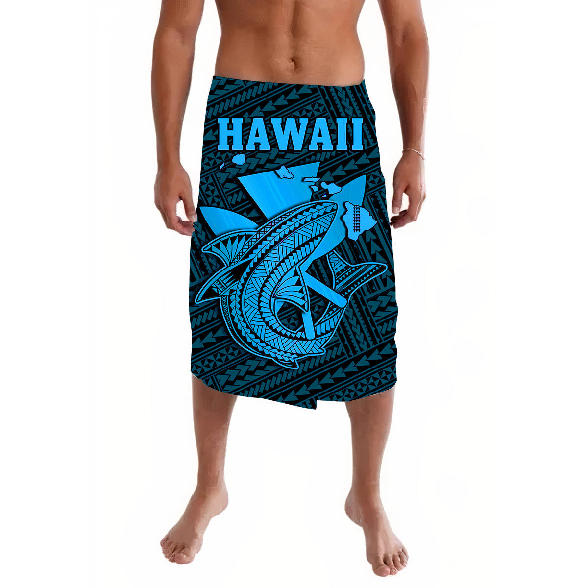 Blue Polynesian shark print wrap skirt with tribal pattern