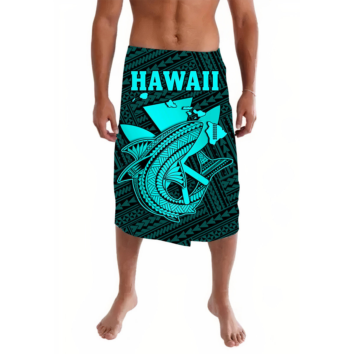 Turquoise and dark green Polynesian shark lavalava skirt with geometric waistband