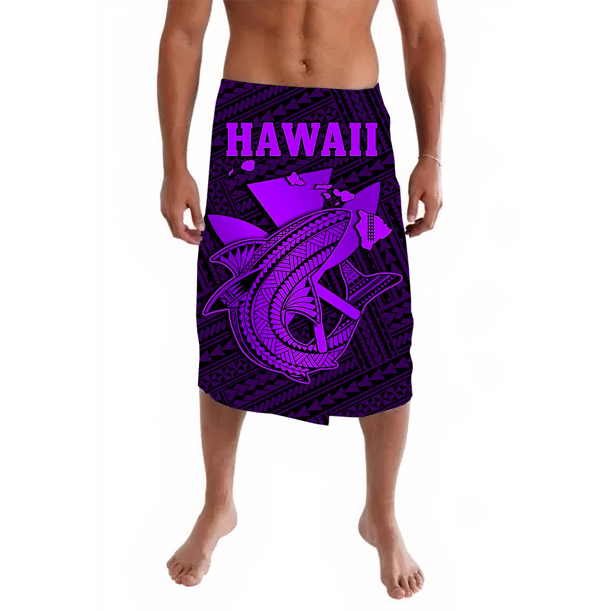 Purple Polynesian shark lavalava wrap skirt with 'HAWAII' lettering and tribal patterns