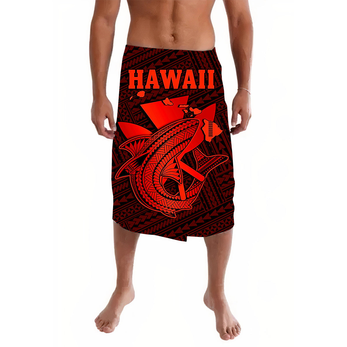 Lavalava skirt with red shark graphic and "HAWAI" text