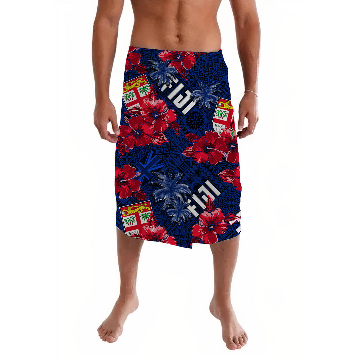 Blue hibiscus floral lavalava with tropical palm and island crest print