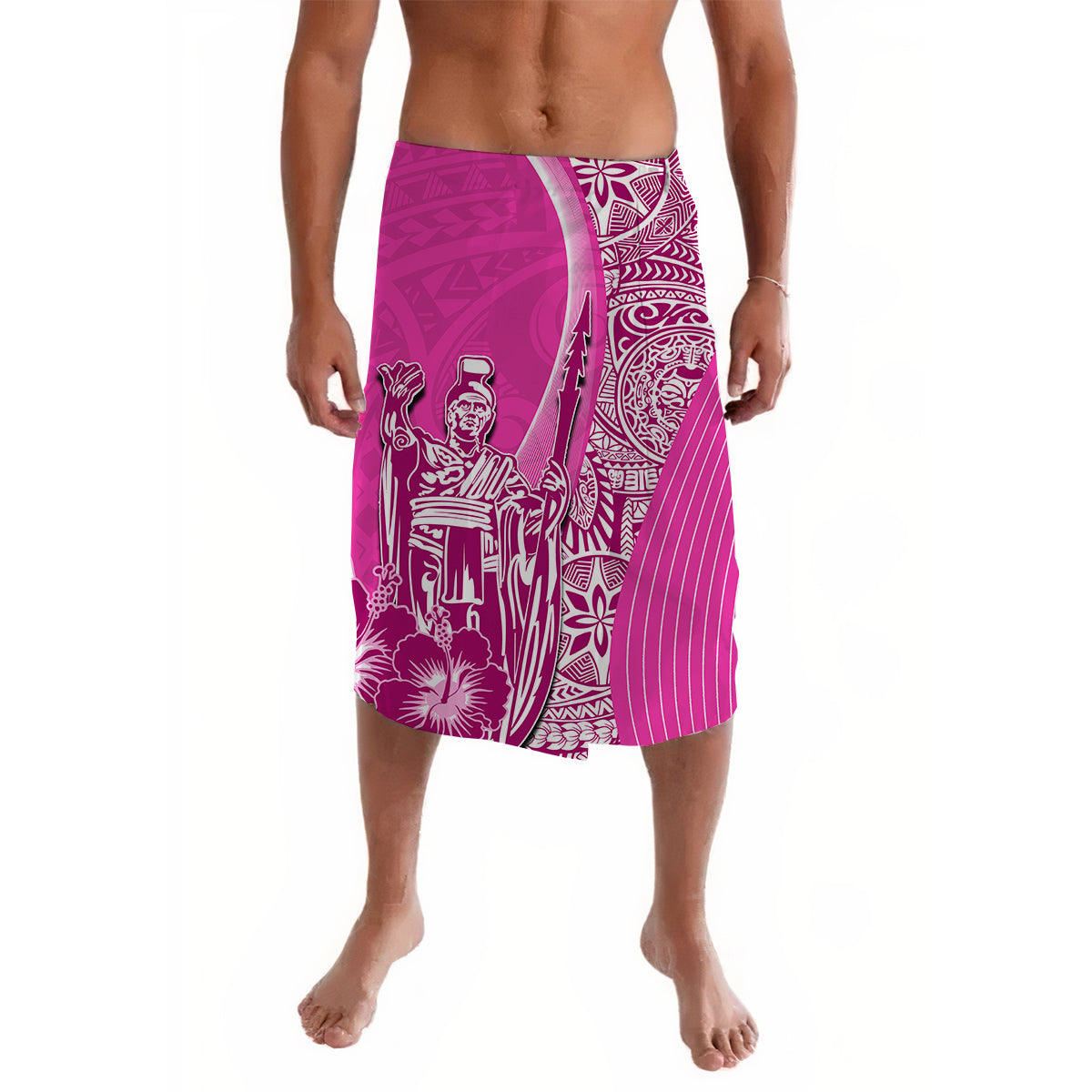 Pink Hawaiian-style lavalava wrap skirt with graphic print