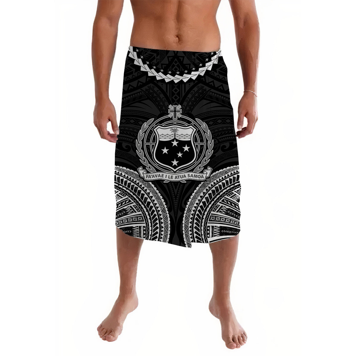 Tribal lavalava skirt with black and white geometric print and central crest