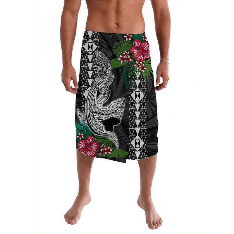 Black Polynesian-style lavalava skirt with shark graphic and pink hibiscus flowers