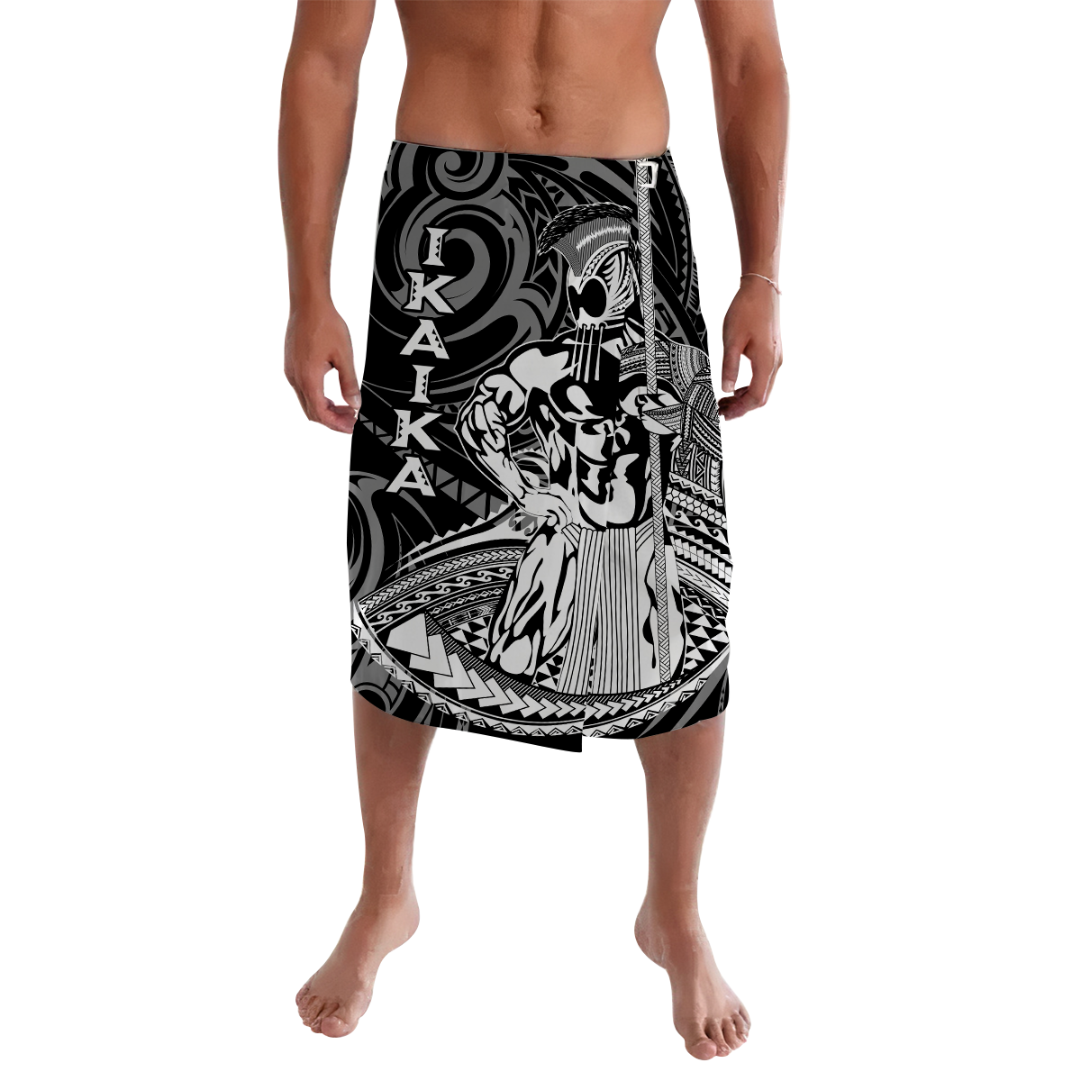Hawaii Ikaika Warrior lavalava in black with bold grayscale tribal print, elastic waist