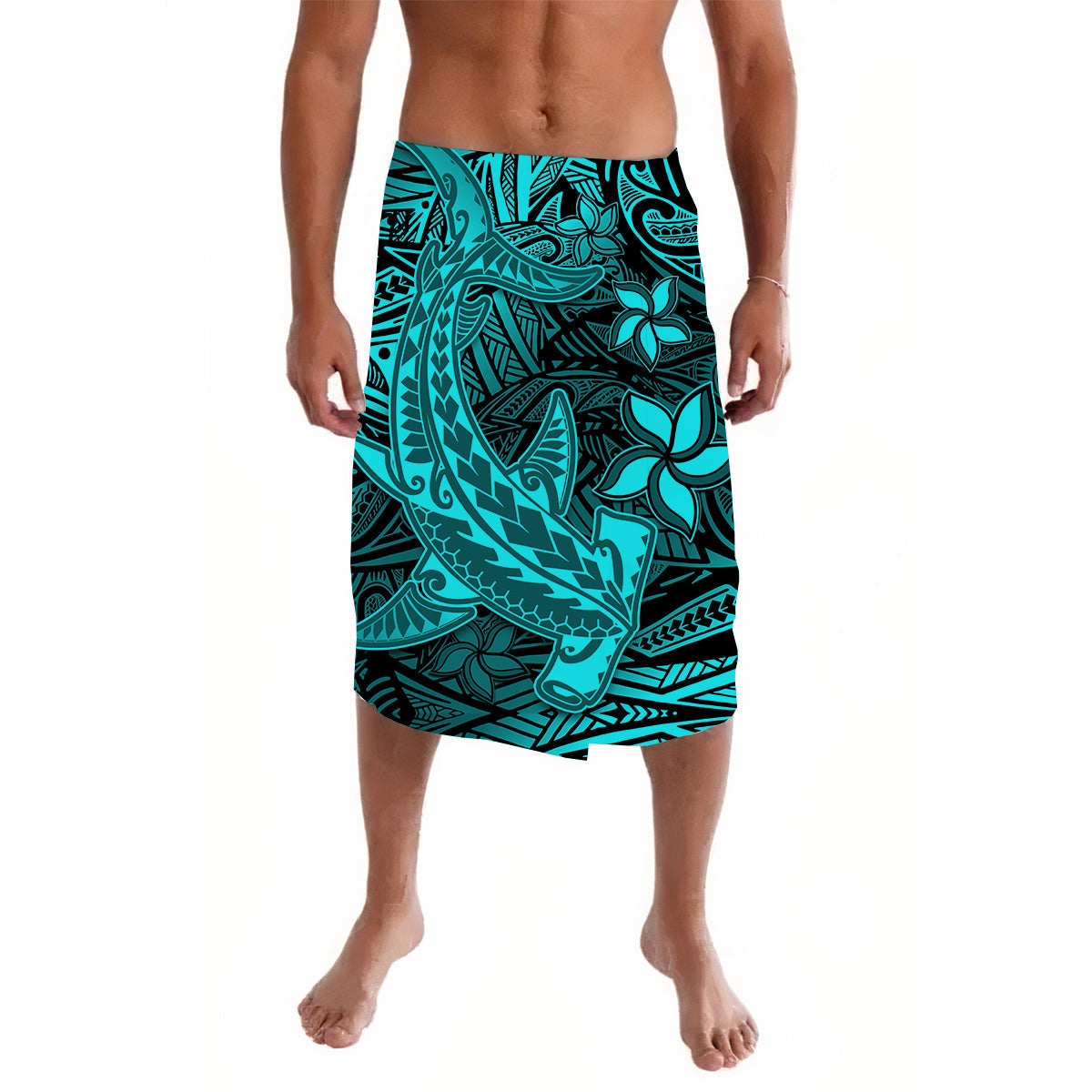 Turquoise tribal print wrap skirt with hammerhead shark graphic