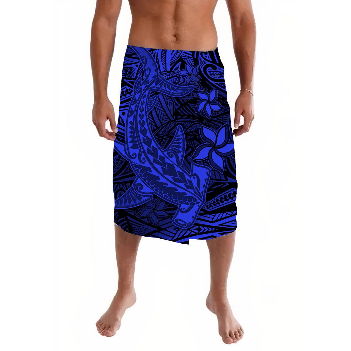 Blue lavalava skirt with tribal shark and floral print, knee length