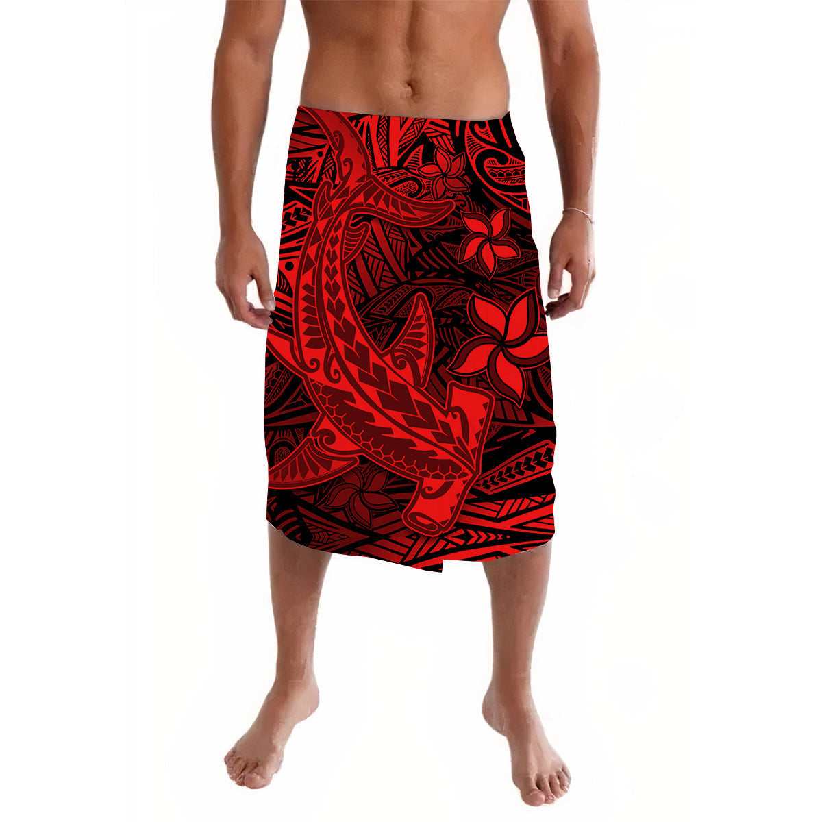 Red and black tribal patterned lavalava sarong skirt, mid-calf length