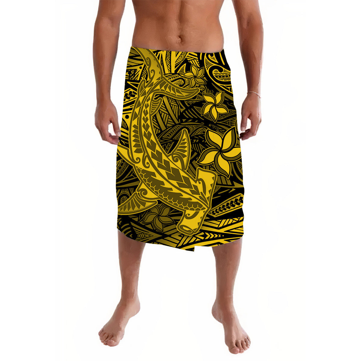 Gold tribal shark motif lavalava skirt with black and yellow graphic pattern