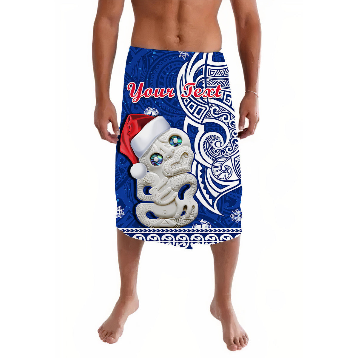 Blue Christmas lavalava sarong with Santa face and tribal swirl print