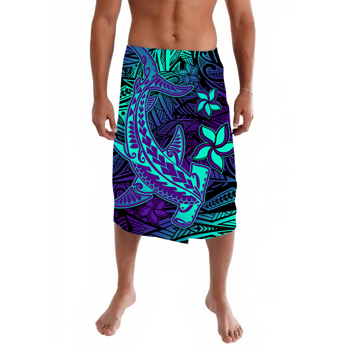 Purple tribal-print lavalava skirt with shark and flower motifs