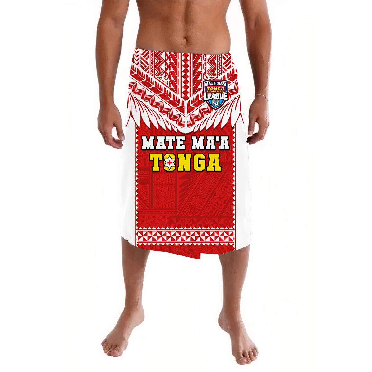 Tonga rugby lavalava skirt, red tribal print with white trim