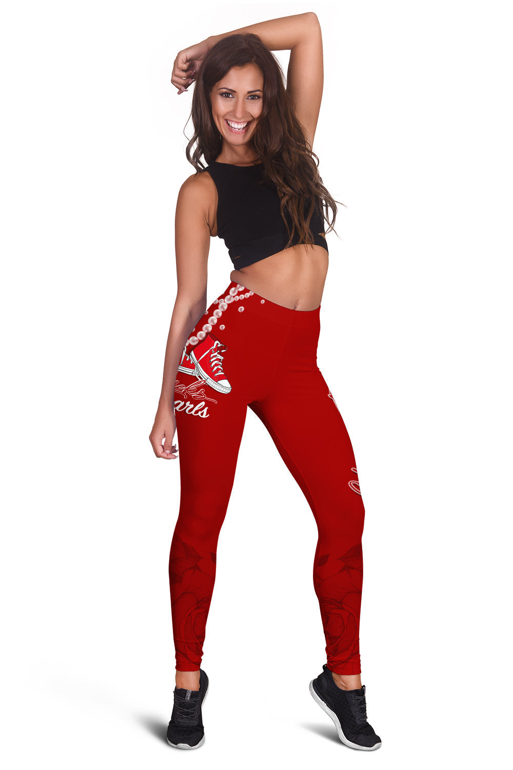 Red leggings with white pearl graphic and "Chucks & Pearls" print