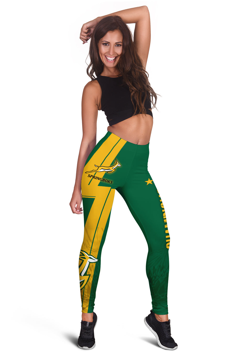 Green rugby leggings with yellow side stripes, star accents, and Springboks graphic