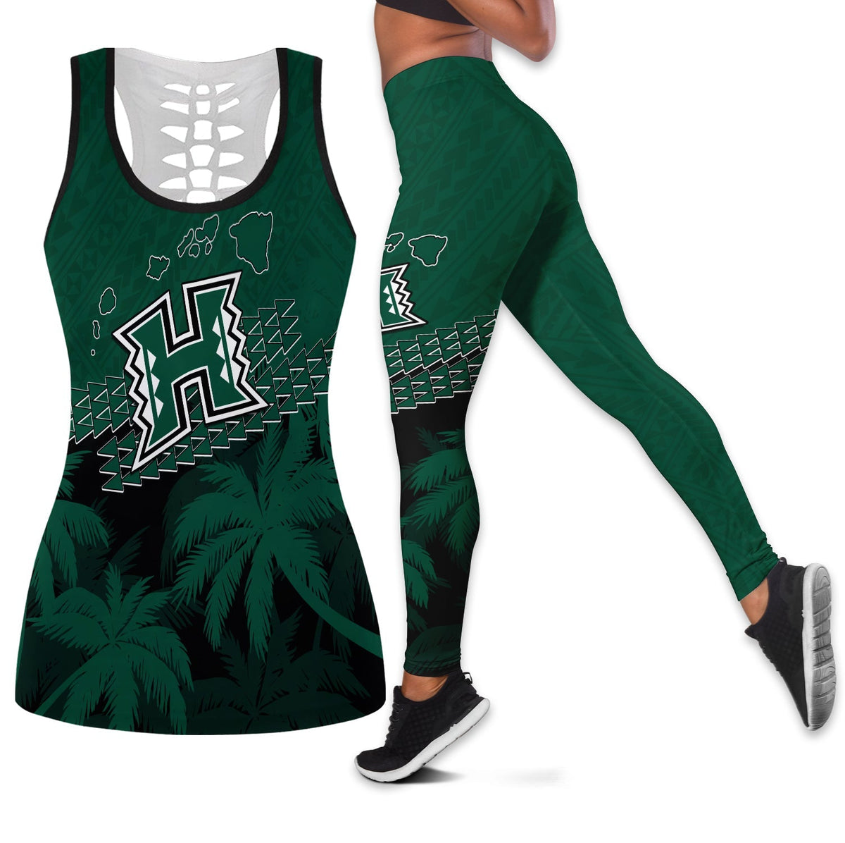 Dark green hollow-back tank and matching leggings set with white graphic design