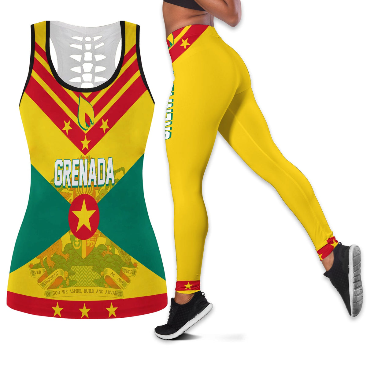Hollow tank and leggings set with Grenada flag print and yellow leggings