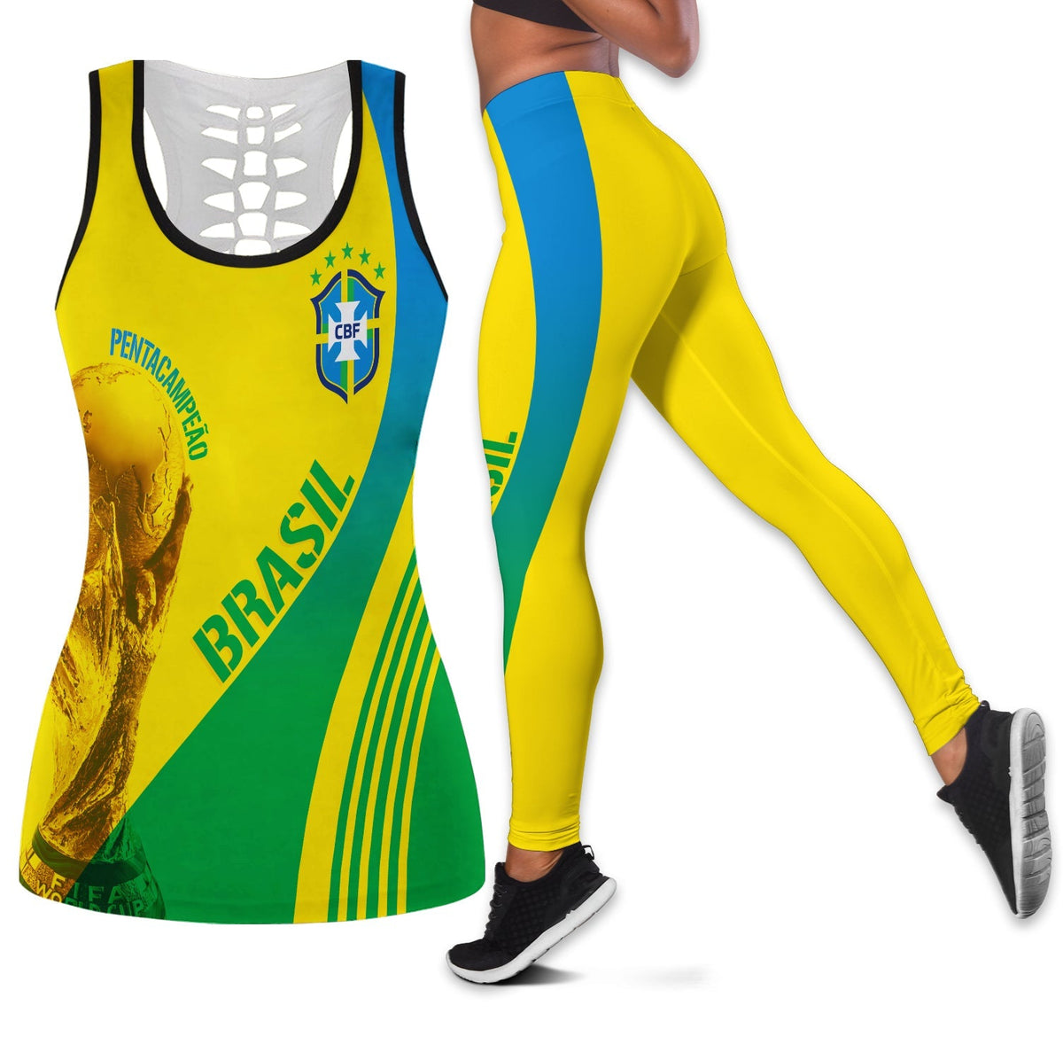 Yellow hollow tank and leggings set with CBF logo and green/blue stripes